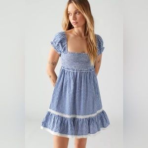 UO Marseille Gingham Smocked Mini Dress